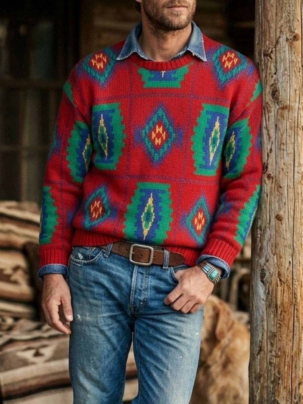 Vtg Bellini Red Southwestern Crewneck Sweater with Green and Blue Accents